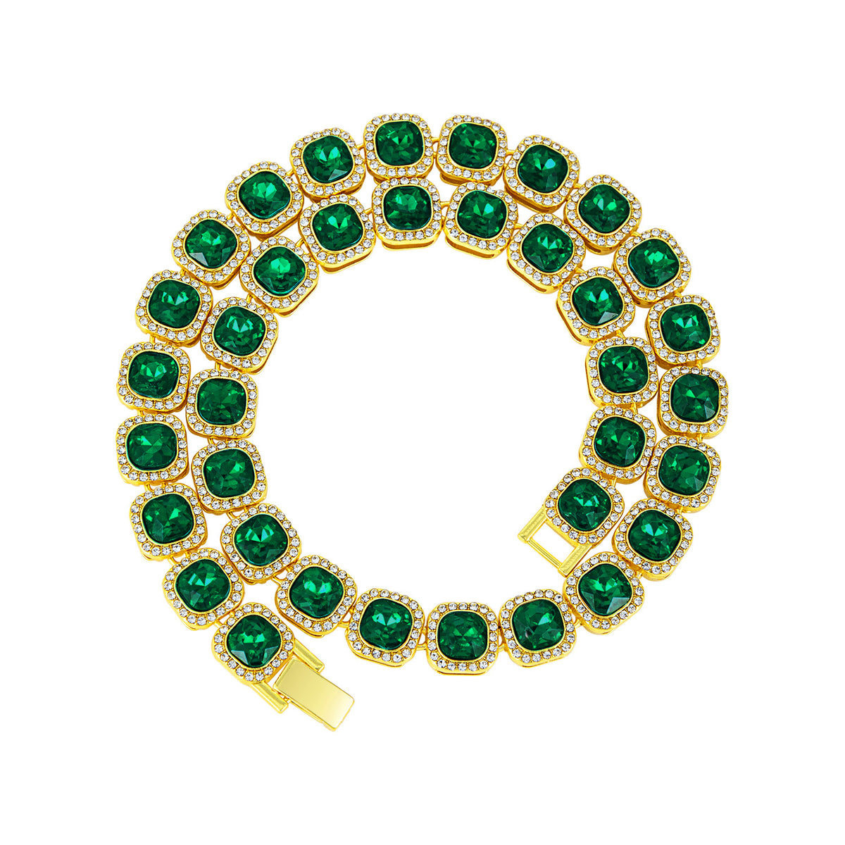 Square Glass Candy Heart Necklace - Gold Green Rhinestones (Non-Acrylic) 23CM