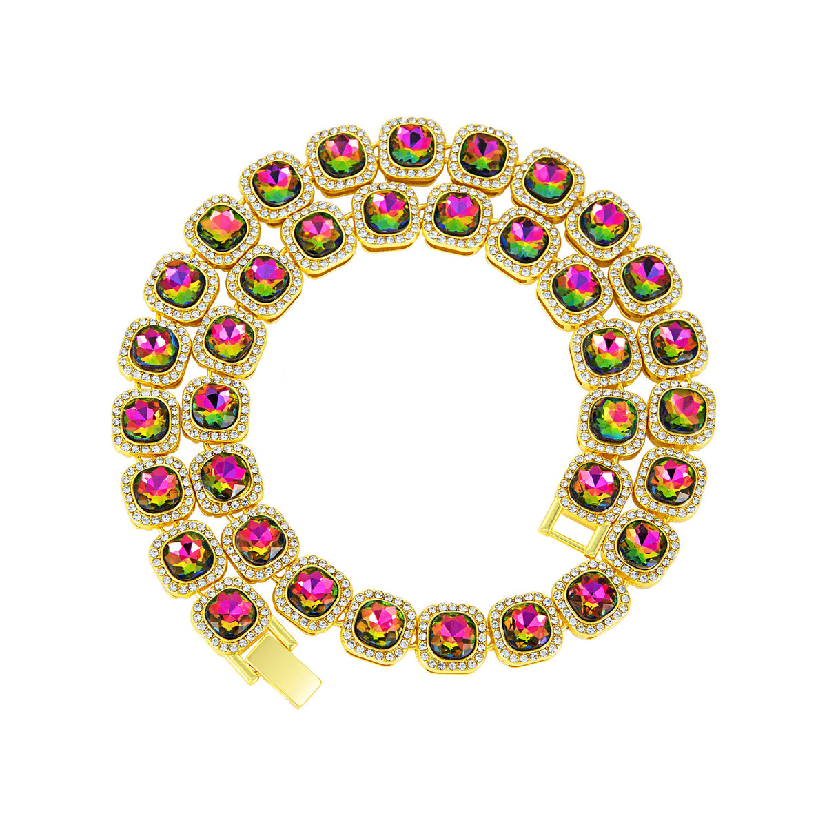 Square Glass Candy Heart Necklace - Gold Multi-Color Rhinestones (Non-Acrylic) 23CM