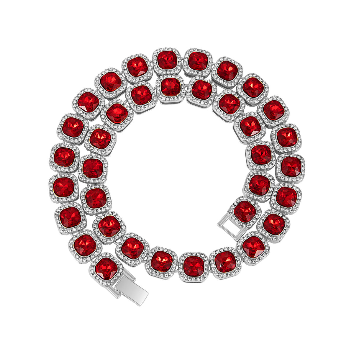 Square Glass Candy Heart Necklace - Silver Red Rhinestones (Non-Acrylic) 23CM