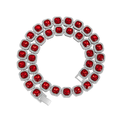 Square Glass Candy Heart Necklace - Silver Red Rhinestones (Non-Acrylic) 23CM
