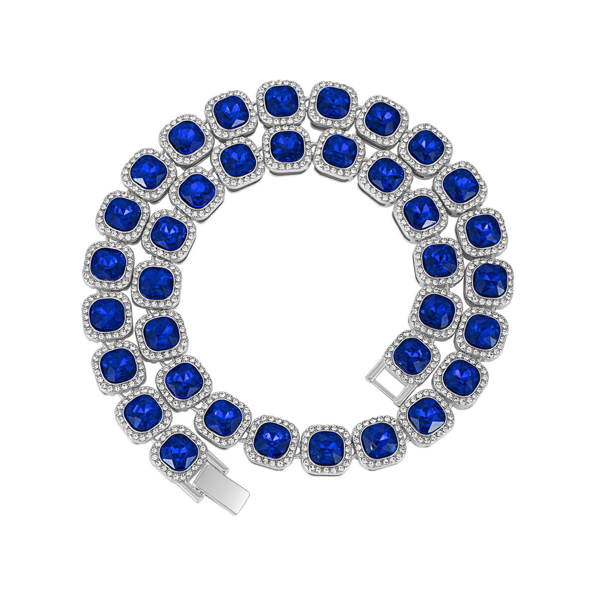 Square Glass Candy Heart Necklace - Silver Blue Rhinestones (Non-Acrylic) 23CM