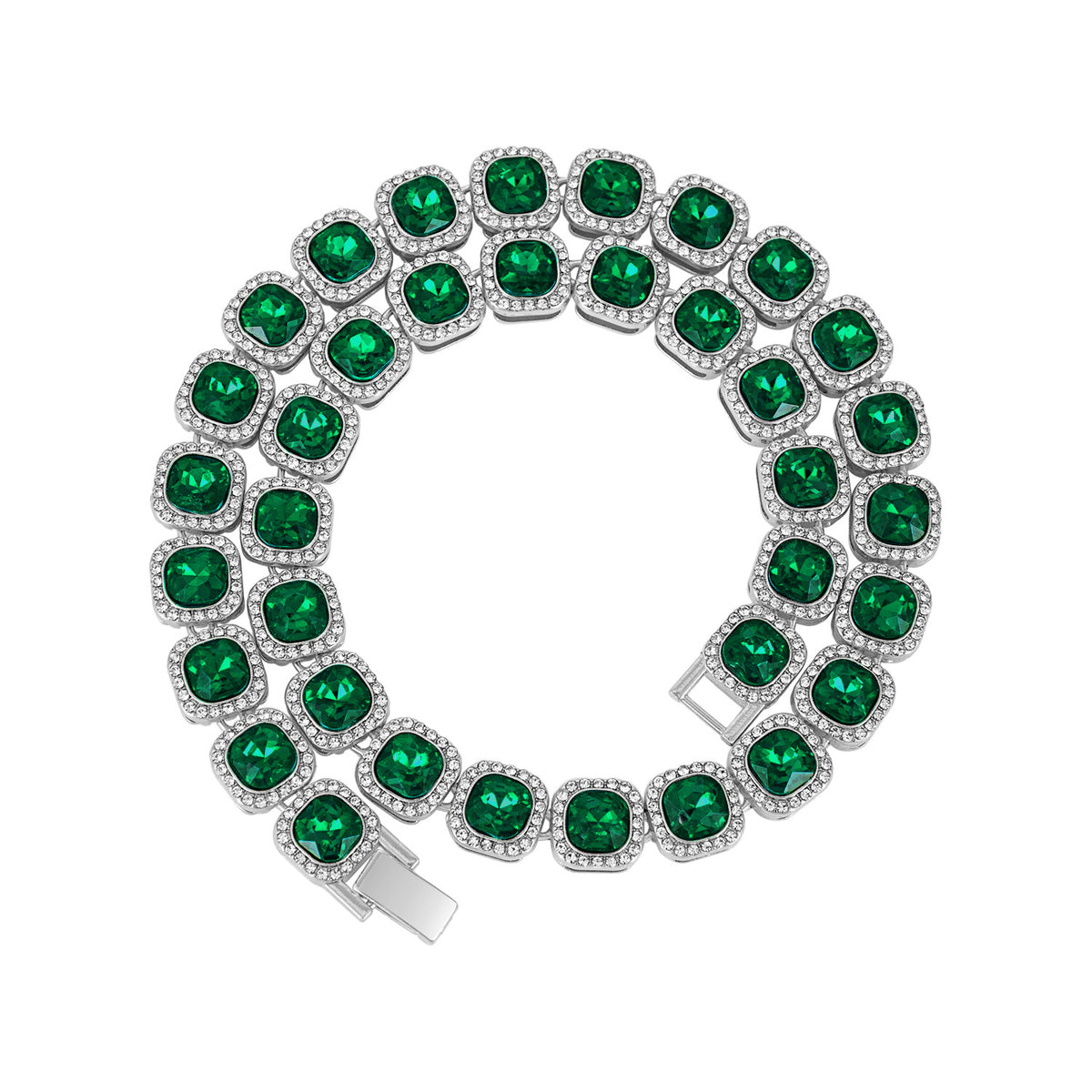 Square Glass Candy Heart Necklace - Silver Green Rhinestones (Non-Acrylic) 23CM