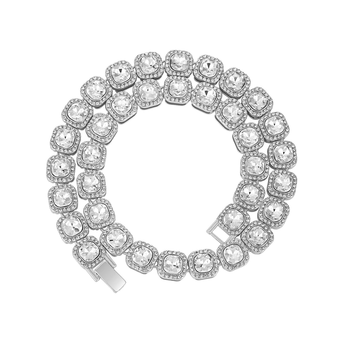 Square Glass Candy Heart Necklace - Silver White Rhinestones (Non-Acrylic) 23CM