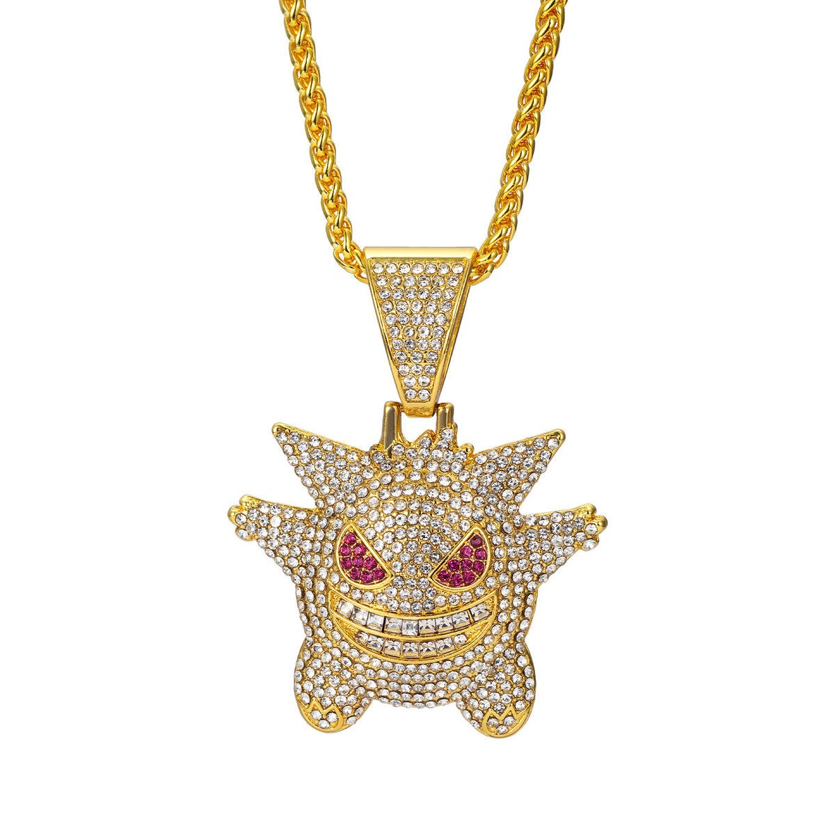 Fully Iced Alloy Gengar Pendant Necklace - Gold Pendant + 60CM Wheat Chain / 3mm