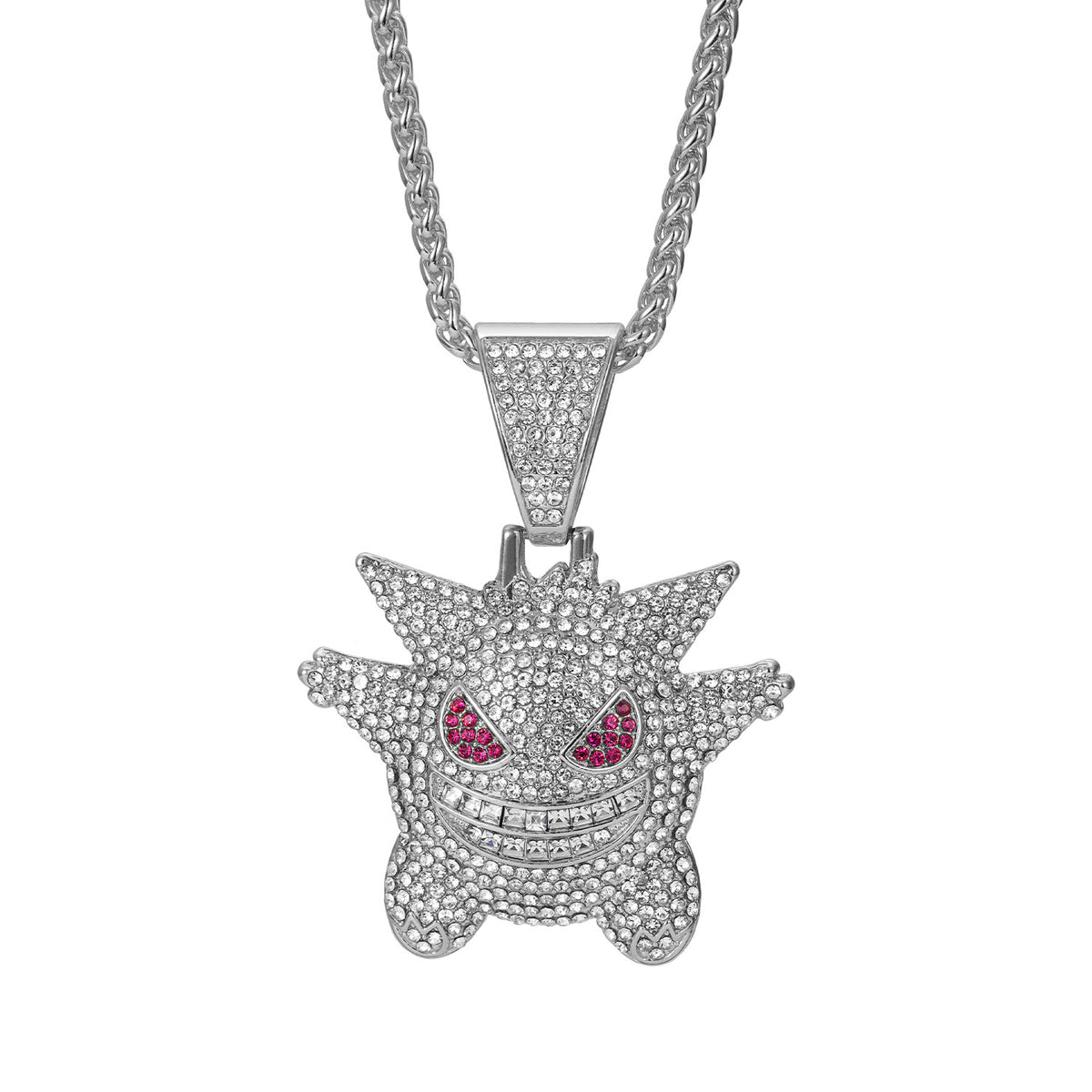 Fully Iced Alloy Gengar Pendant Necklace - Silver Pendant + 60CM Wheat Chain / 3mm