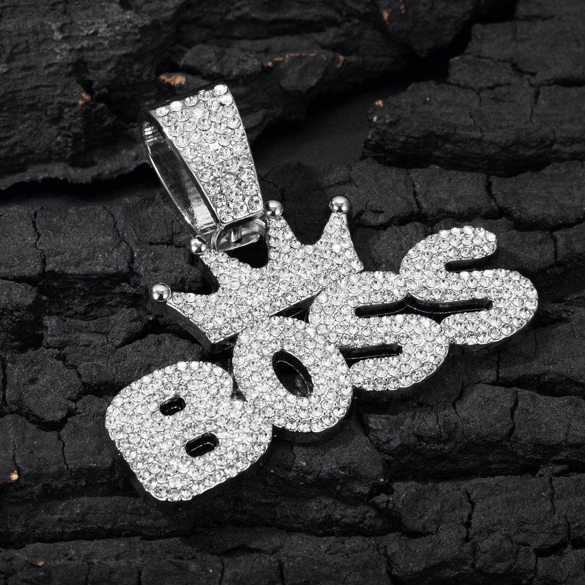 BOSS Crown Fully Iced Alloy Necklace - Silver Pendant Only