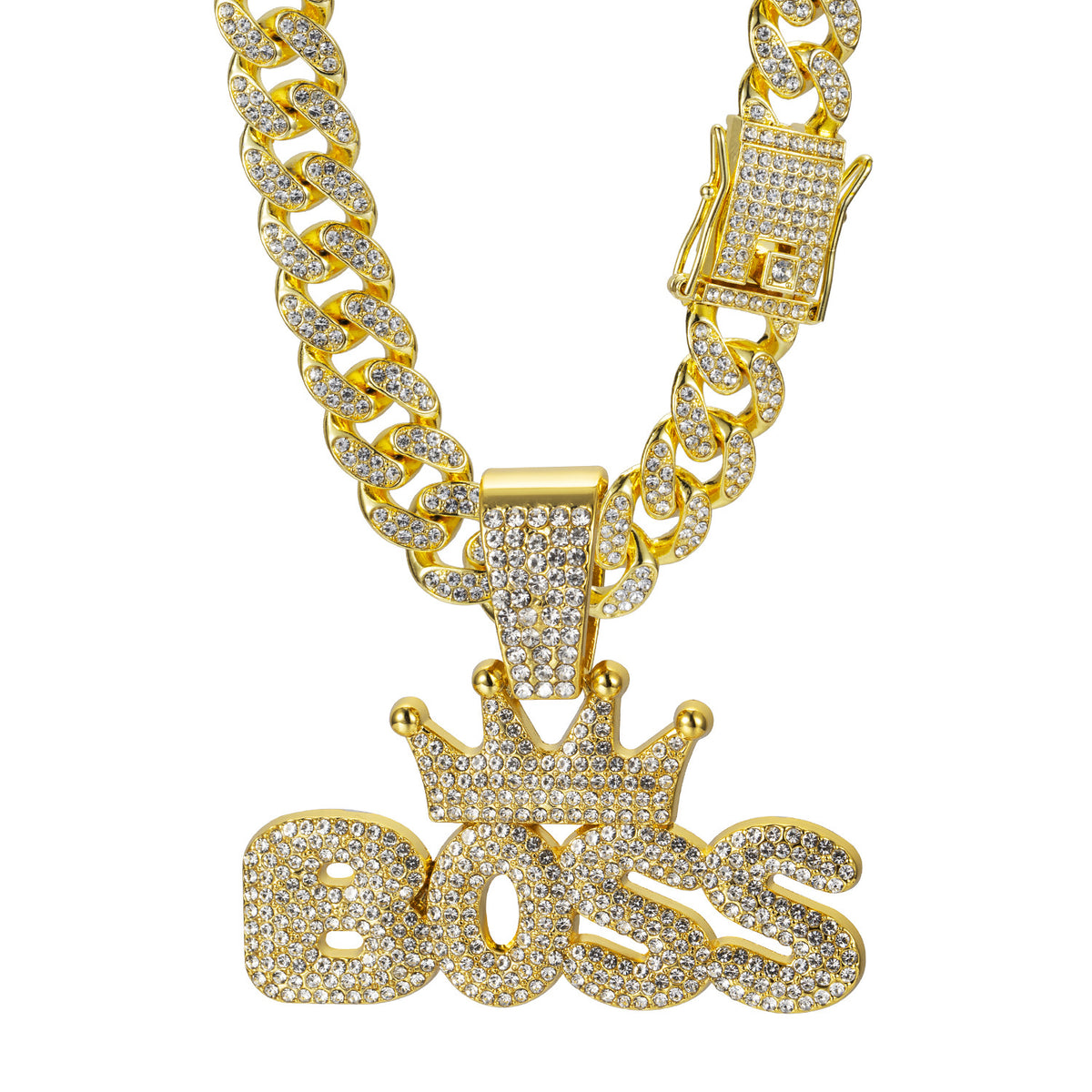 BOSS Crown Fully Iced Alloy Necklace - Gold Pendant + 50CM Cuban Chain / 13mm