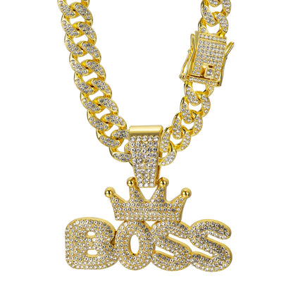 BOSS Crown Fully Iced Alloy Necklace - Gold Pendant + 50CM Cuban Chain / 13mm