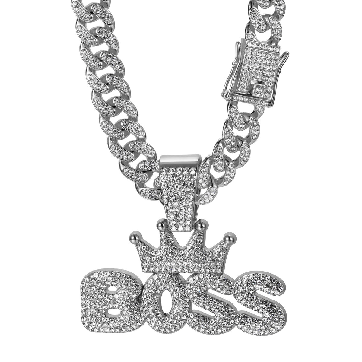 BOSS Crown Fully Iced Alloy Necklace - Silver Pendant + 50CM Cuban Chain / 13mm