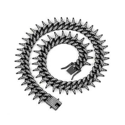 Spiked Fully Iced Alloy Cuban Link Necklace - Black 23CM