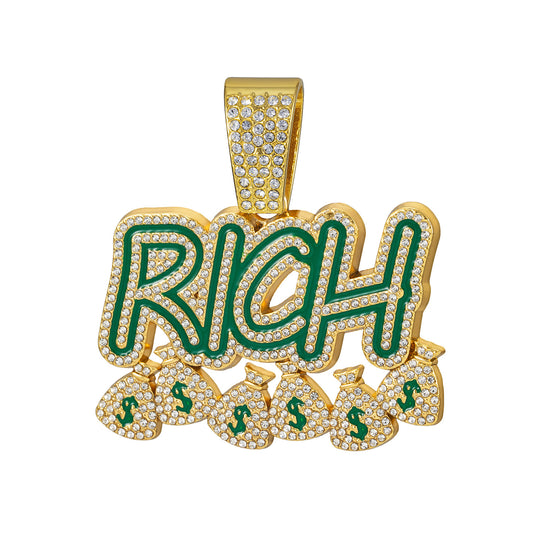 RICH Letter Fully Iced Cuban Link Necklace - Gold Pendant Only