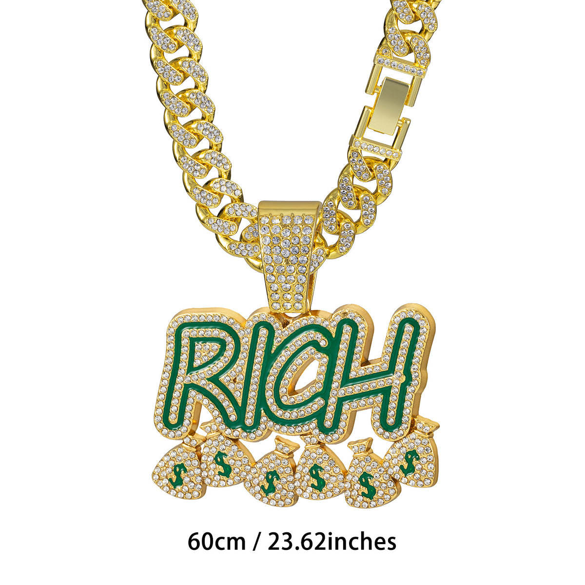 RICH Letter Fully Iced Cuban Link Necklace - Gold 60CM Cuban Chain