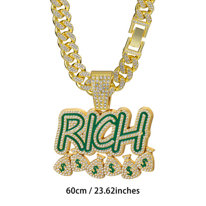 RICH Letter Fully Iced Cuban Link Necklace - Gold 60CM Cuban Chain