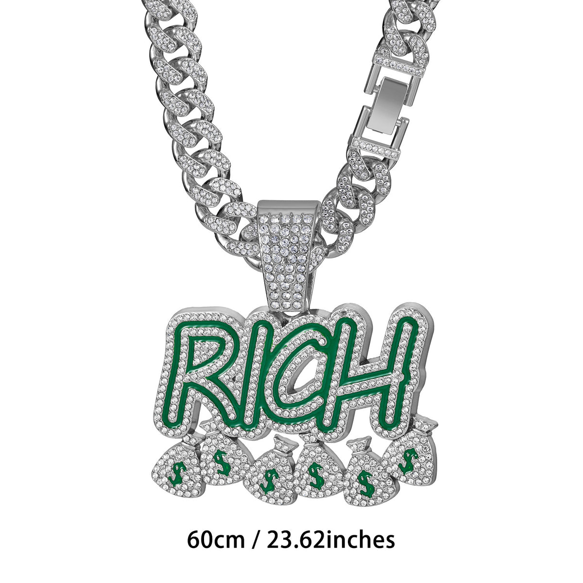 RICH Letter Fully Iced Cuban Link Necklace - Silver 60CM Cuban Chain