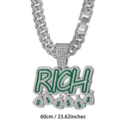 RICH Letter Fully Iced Cuban Link Necklace - Silver 60CM Cuban Chain