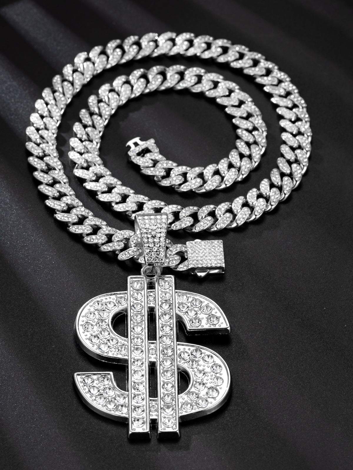 Classic Dollar Sign Pendant Necklace - Silver Pendant + 50CM Cuban Chain / 13mm