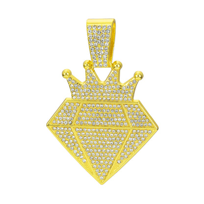 Alloy Rhinestone Crown Diamond Cuban Link Necklace - Gold Pendant Only