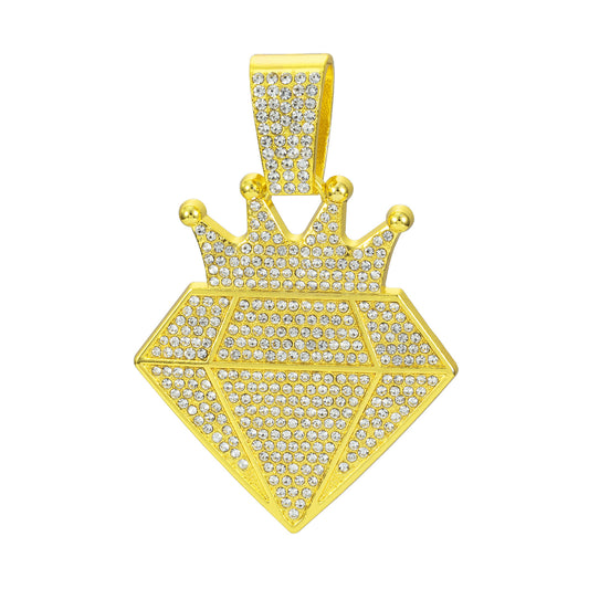 Alloy Rhinestone Crown Diamond Cuban Link Necklace - Gold Pendant Only