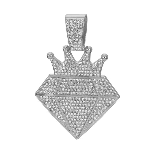 Alloy Rhinestone Crown Diamond Cuban Link Necklace - Silver Pendant Only