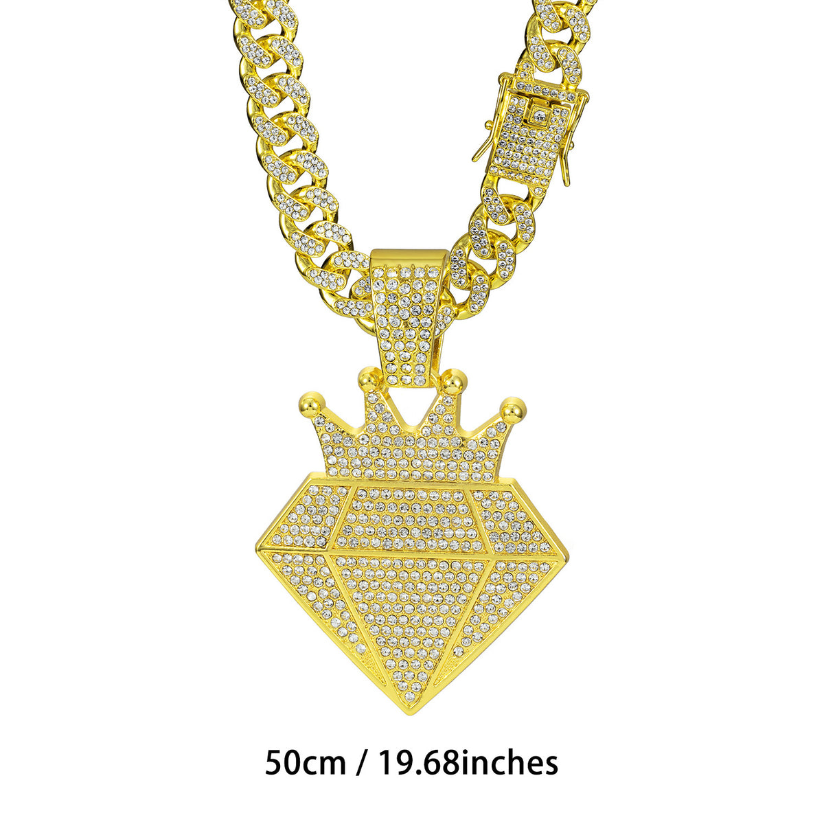 Alloy Rhinestone Crown Diamond Cuban Link Necklace - Gold Pendant + 50CM Cuban Chain / 13mm