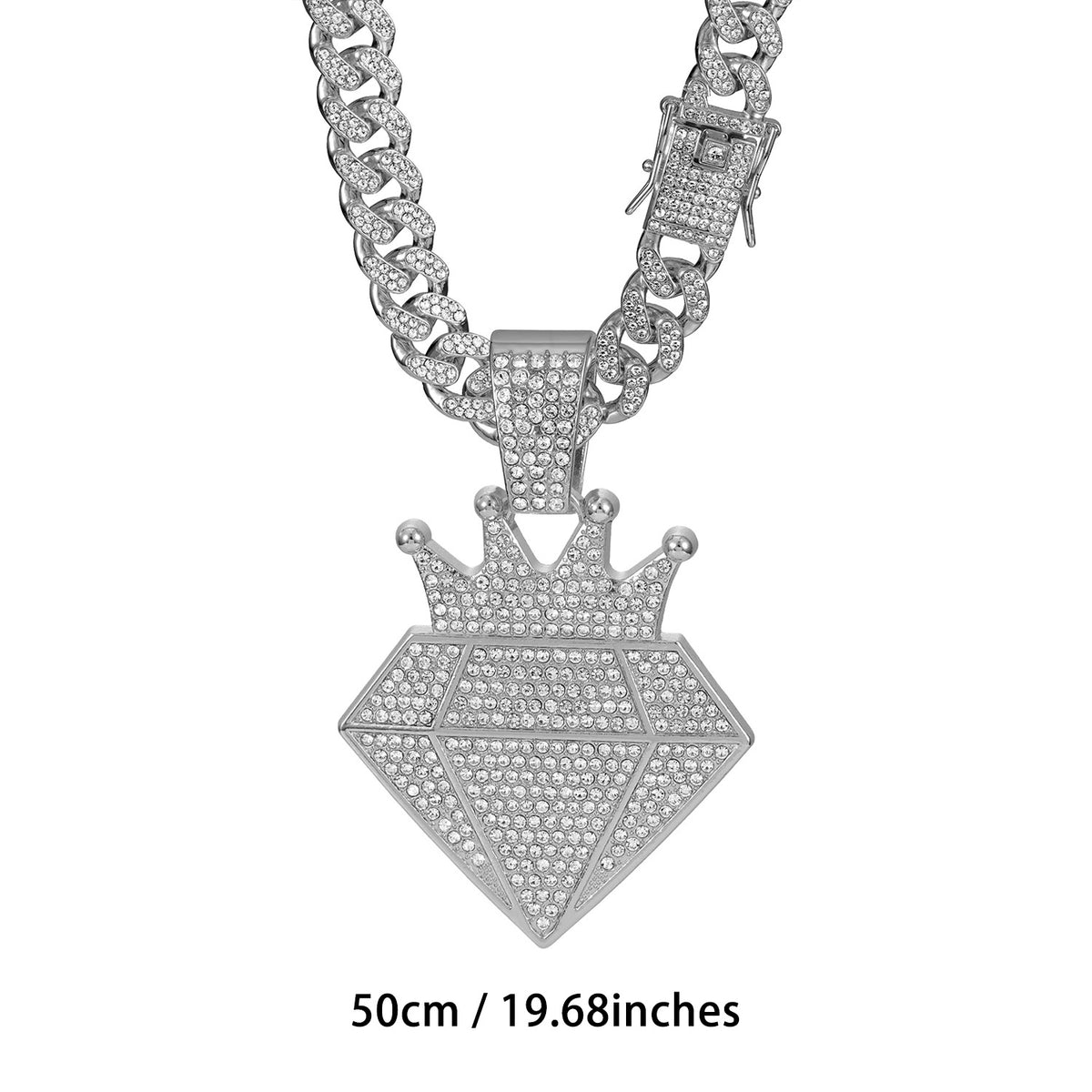 Alloy Rhinestone Crown Diamond Cuban Link Necklace - Silver Pendant + 50CM Cuban Chain / 13mm