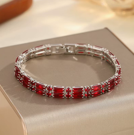 Baguette Stone Titanium Steel Link Bracelet, Red.