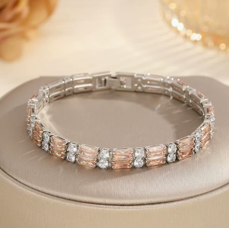 Baguette Stone Titanium Steel Link Bracelet, Clear and Champagne.