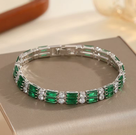 Baguette Stone Titanium Steel Link Bracelet, Clear and Green.