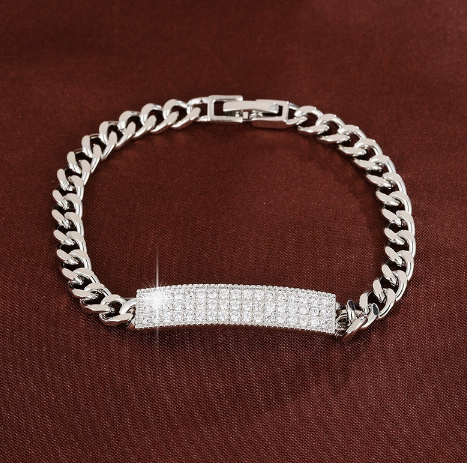Pave Bar Titanium Steel Curb Chain Bracelet, Silver Tone.