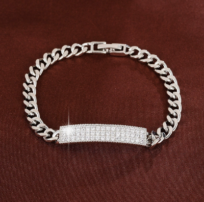 Pave Bar Titanium Steel Curb Chain Bracelet, Silver Tone.