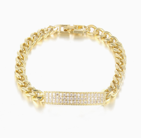 Pave Bar Titanium Steel Curb Chain Bracelet, Gold Tone.