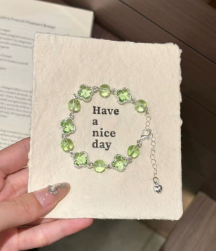 Pastel Clover and Bead Titanium Steel Bracelet, Green.