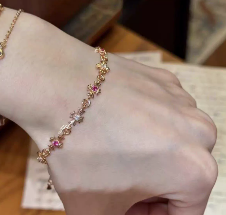 Pink and Clear Floral Titanium Steel Bracelet, Pink Floral.