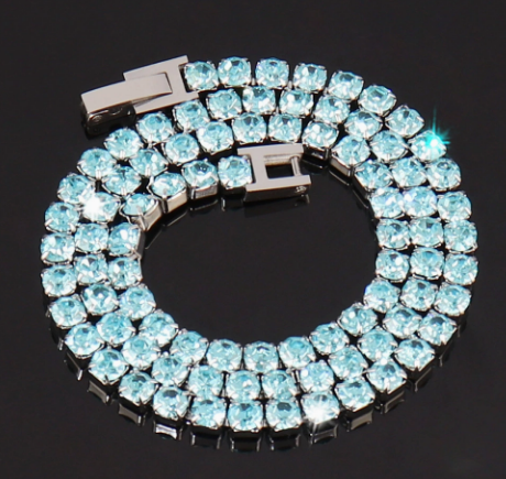 Round Stone Titanium Steel Tennis Necklace, Aqua Blue.