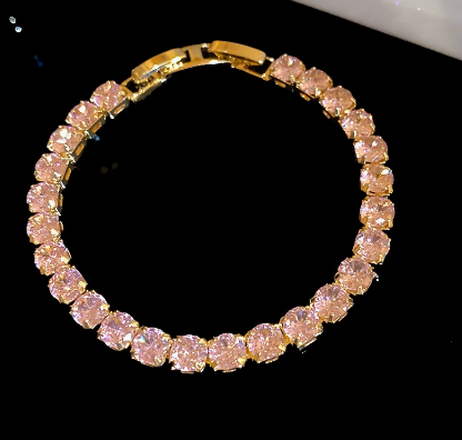 Round Stone Titanium Steel Tennis Bracelet, Gold Tone, Pink.