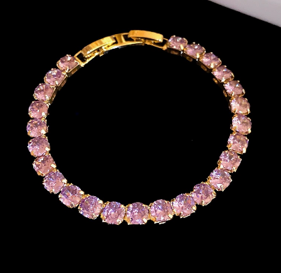 Round Stone Titanium Steel Tennis Bracelet, Gold Tone, Purple.