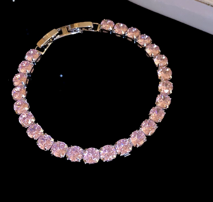 Round Stone Titanium Steel Tennis Bracelet, Silver Tone, Pink.