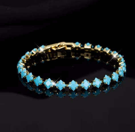 Aqua and Clear Geometric Titanium Steel Bracelet, Gold Tone.
