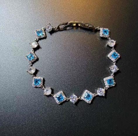Blue Square Halo Titanium Steel Bracelet, Blue and Clear.