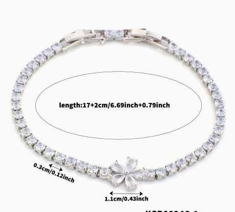 Five-Petal Flower Titanium Steel Tennis Bracelet, Clear.