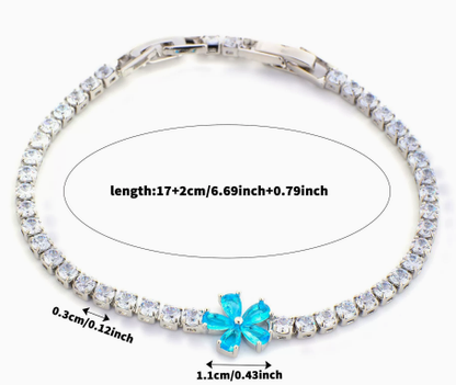 Five-Petal Flower Titanium Steel Tennis Bracelet, Aqua Blue.