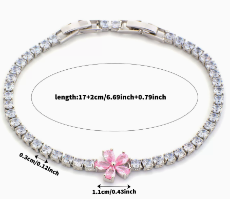 Five-Petal Flower Titanium Steel Tennis Bracelet, Pink.