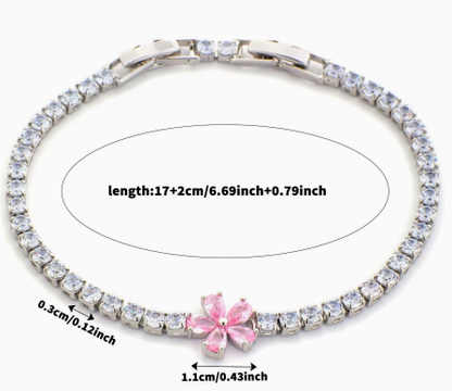 Five-Petal Flower Titanium Steel Tennis Bracelet, Pink.