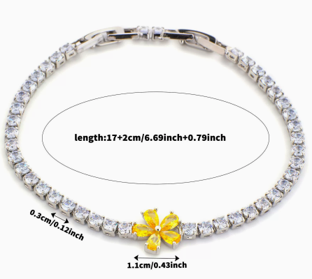 Five-Petal Flower Titanium Steel Tennis Bracelet, Yellow.