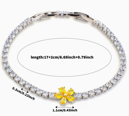 Five-Petal Flower Titanium Steel Tennis Bracelet, Yellow.