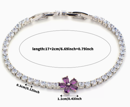 Five-Petal Flower Titanium Steel Tennis Bracelet, Purple.