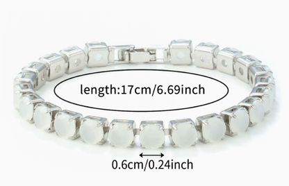 6 mm Round Stone Titanium Steel Tennis Bracelet, Silver Tone, White, Jade-Look.
