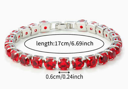 Silver-tone tennis bracelet with round faceted red stones and a rectangular clasp.