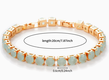 6 mm Round Stone Titanium Steel Tennis Bracelet, Gold Tone, Pale Aqua, Jade-Look.