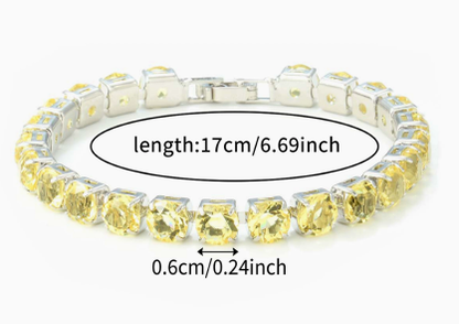 6 mm Round Stone Titanium Steel Tennis Bracelet, Silver Tone, Yellow, Faceted.
